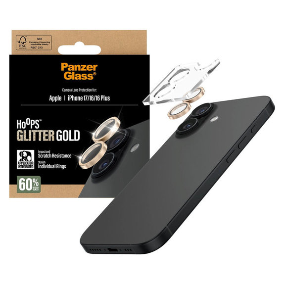 Camera Lens Protector Hoops for iPhone 17/16 Plus/16, Glitter Gold, PanzerGlass