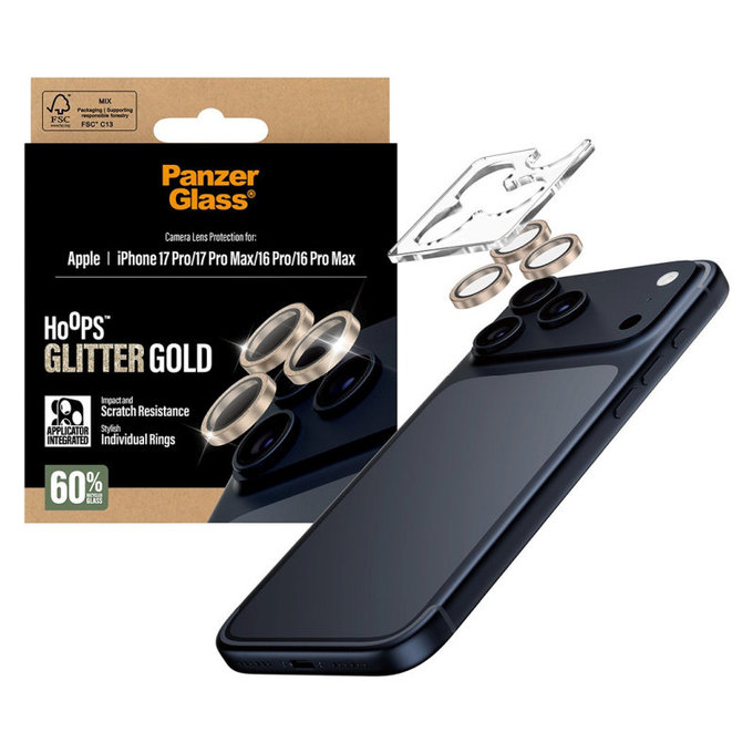 Camera Lens Protector Hoops for iPhone 17 Pro Max/17 Pro/16 Pro Max/16 Pro, Glitter Gold, PanzerGlass