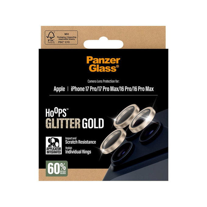 Camera Lens Protector Hoops for iPhone 17 Pro Max/17 Pro/16 Pro Max/16 Pro, Glitter Gold, PanzerGlass