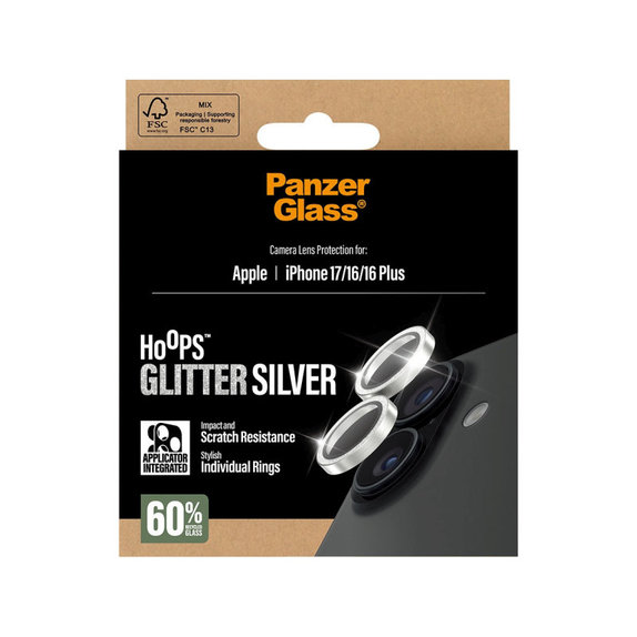 Camera Lens Protector Hoops for iPhone 17/16 Plus/16, Glitter Silver, PanzerGlass