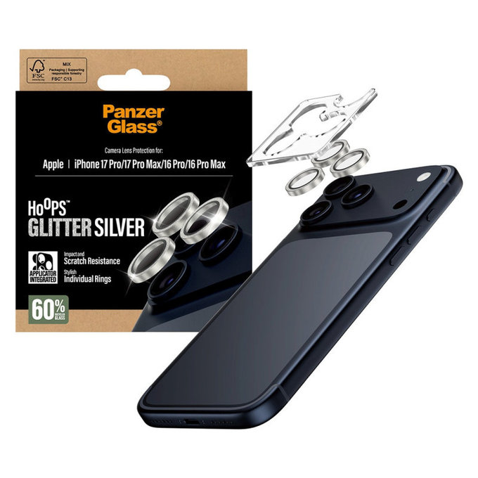 Camera Lens Protector Hoops for iPhone 17 Pro Max/17 Pro/16 Pro Max/16 Pro, Glitter Silver, PanzerGlass