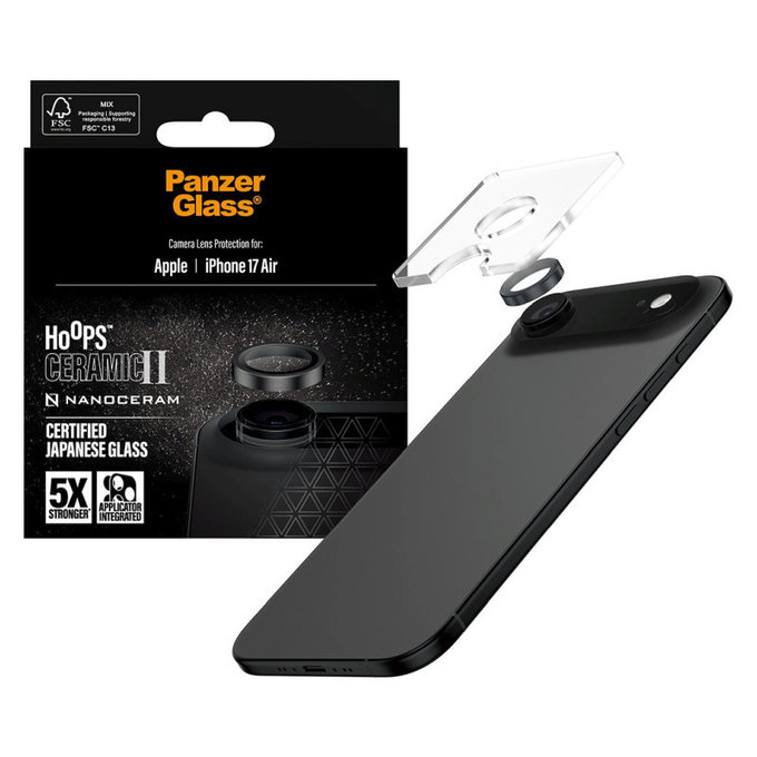 Camera Lens Protector Hoops Ceramic II for iPhone 17 Air, Black, PanzerGlass