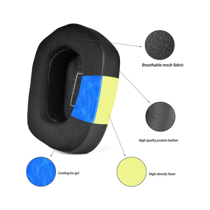 Replacement Ear Pads for Logitech G733, Memory foam + Textile + Leather, Black, Cooling Gel, 1 pair