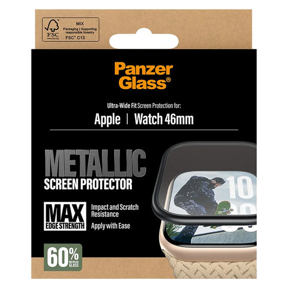 Tempered Glass UWF METALLIC for Apple Watch 11/10 46 mm, Black, PanzerGlass