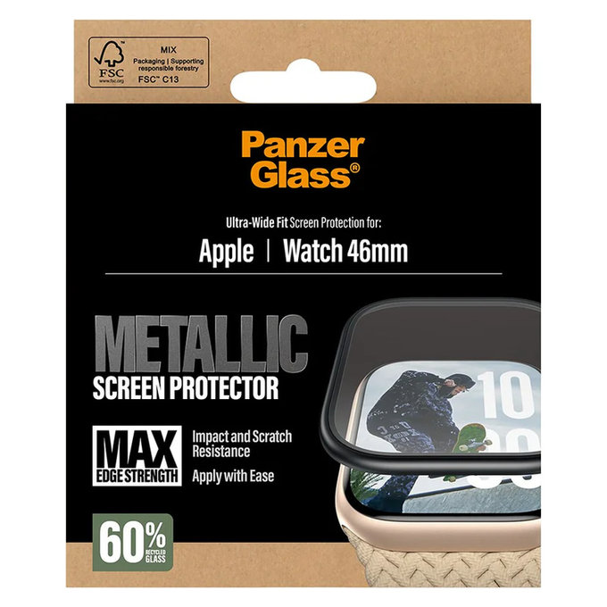 Tempered Glass UWF METALLIC for Apple Watch 11/10 46 mm, Black, PanzerGlass