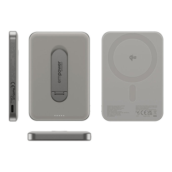 Wireless PowerBank 5000 mAh, with Rotating Stand 20 W, MagSafe Compatible, Qi2/USB-C, Titanium, empower