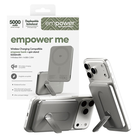 Wireless PowerBank 5000 mAh, with Rotating Stand 20 W, MagSafe Compatible, Qi2/USB-C, Titanium, empower