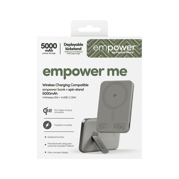 Wireless PowerBank 5000 mAh, with Rotating Stand 20 W, MagSafe Compatible, Qi2/USB-C, Titanium, empower