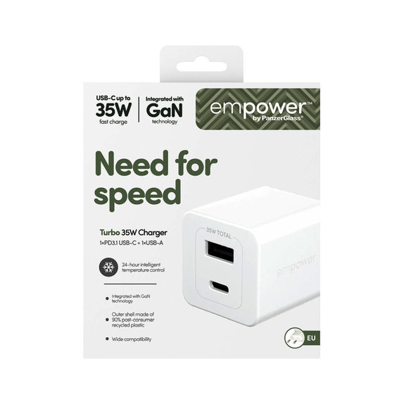 Travel Adapter Grand Prix USB-C/USB-A, GaN, 35 W PD, silver white, empower