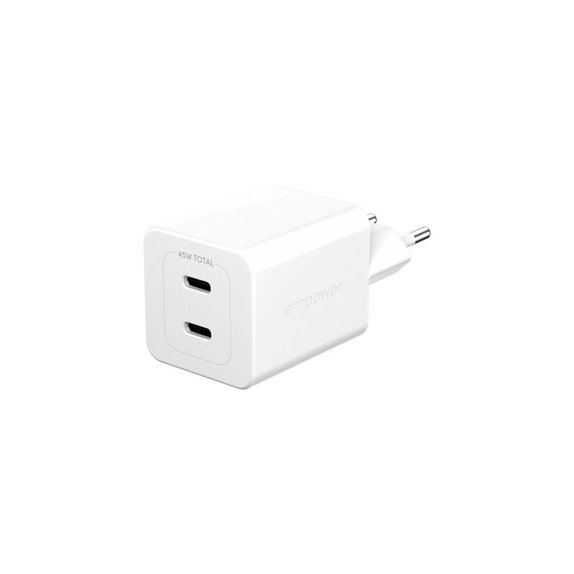 Travel Adapter Grand Prix 2x USB-C, GaN, 45 W PD, Silver White, empower