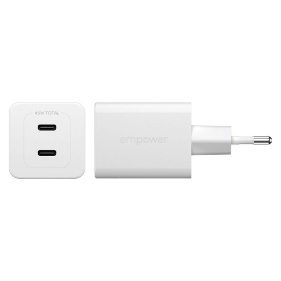 Travel Adapter Grand Prix 2x USB-C, GaN, 45 W PD, Silver White, empower