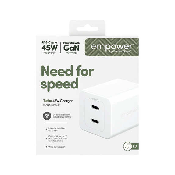 Travel Adapter Grand Prix 2x USB-C, GaN, 45 W PD, Silver White, empower