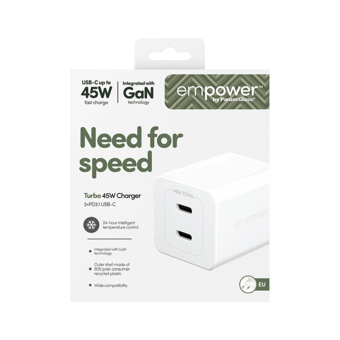 Travel Adapter Grand Prix 2x USB-C, GaN, 45 W PD, Silver White, empower