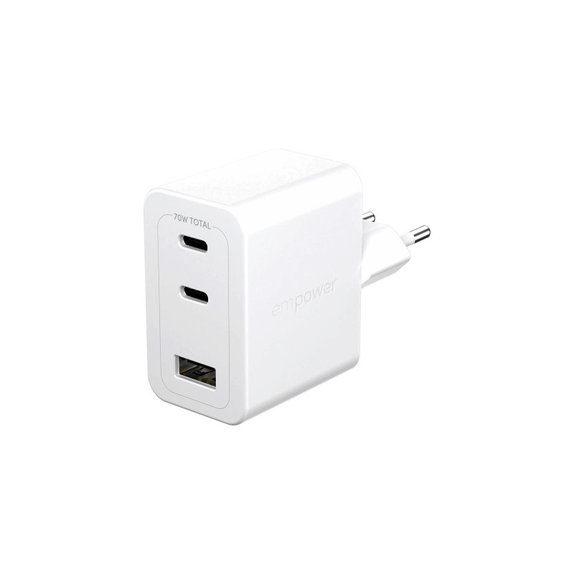 Travel Adapter Grand Prix 2x USB-C/USB-A, GaN, 70 W PD, Silver White, empower