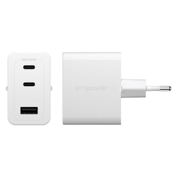 Travel Adapter Grand Prix 2x USB-C/USB-A, GaN, 70 W PD, Silver White, empower