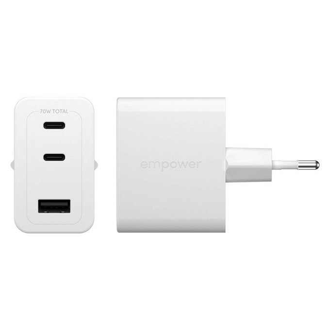 Travel Adapter Grand Prix 2x USB-C/USB-A, GaN, 70 W PD, Silver White, empower