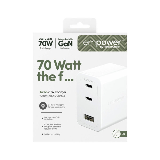 Travel Adapter Grand Prix 2x USB-C/USB-A, GaN, 70 W PD, Silver White, empower