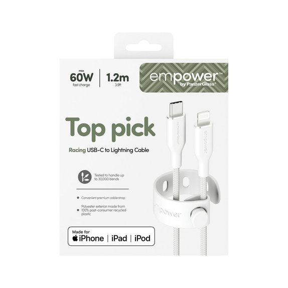 USB-C/Lightning Cable, 60 W, Racing, 1, 2 m, Silver White, empower