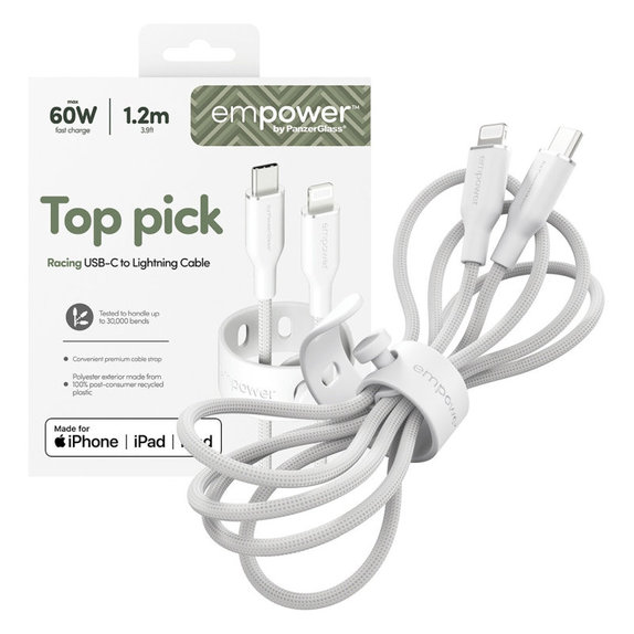 USB-C/Lightning Cable, 60 W, Racing, 1, 2 m, Silver White, empower