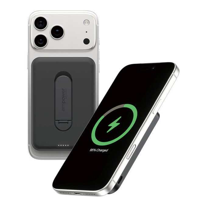 Wireless PowerBank 5000 mAh with rotating stand, 20 W, compatible with MagSafe, Qi2/USB-C, Space Black, empower