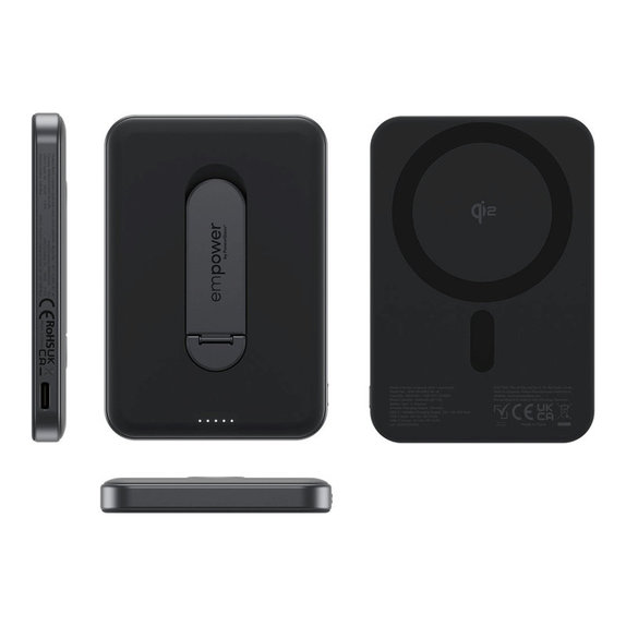 Wireless PowerBank 5000 mAh with rotating stand, 20 W, compatible with MagSafe, Qi2/USB-C, Space Black, empower