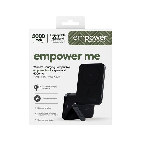 Wireless PowerBank 5000 mAh with rotating stand, 20 W, compatible with MagSafe, Qi2/USB-C, Space Black, empower