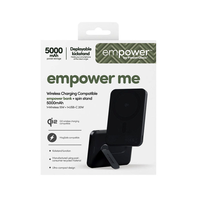 Wireless PowerBank 5000 mAh with rotating stand, 20 W, compatible with MagSafe, Qi2/USB-C, Space Black, empower