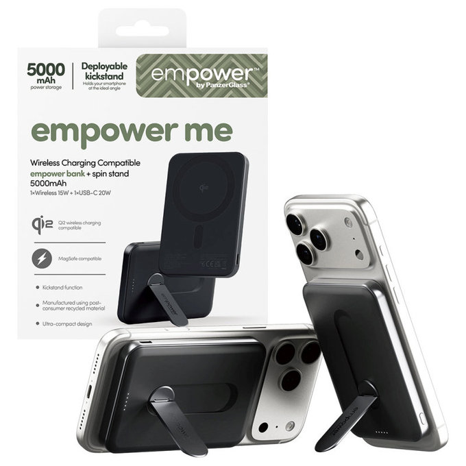 Wireless PowerBank 5000 mAh with rotating stand, 20 W, compatible with MagSafe, Qi2/USB-C, Space Black, empower