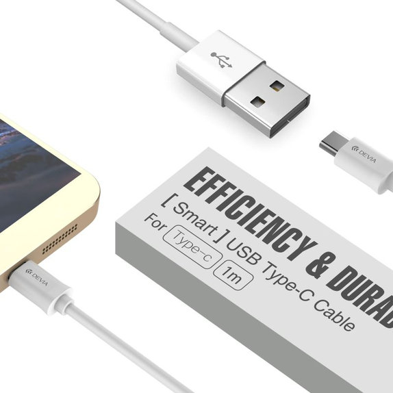 USB / USB-C Cable Smart, 2.1A, 2m, White, Devia