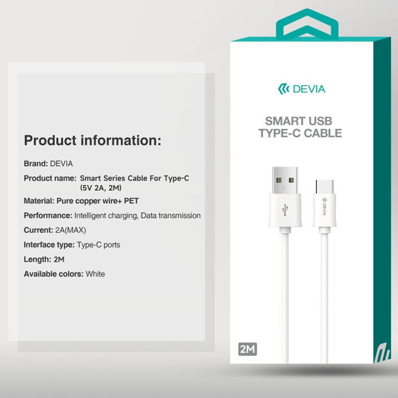 USB / USB-C Cable Smart, 2.1A, 2m, White, Devia