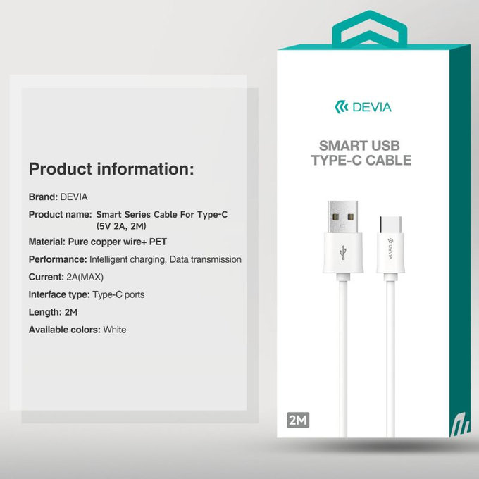 USB / USB-C Cable Smart, 2.1A, 2m, White, Devia