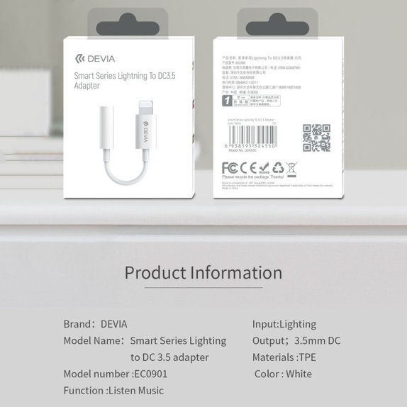 Smart Adapter 3.5mm Jack / Lightning, White, Devia
