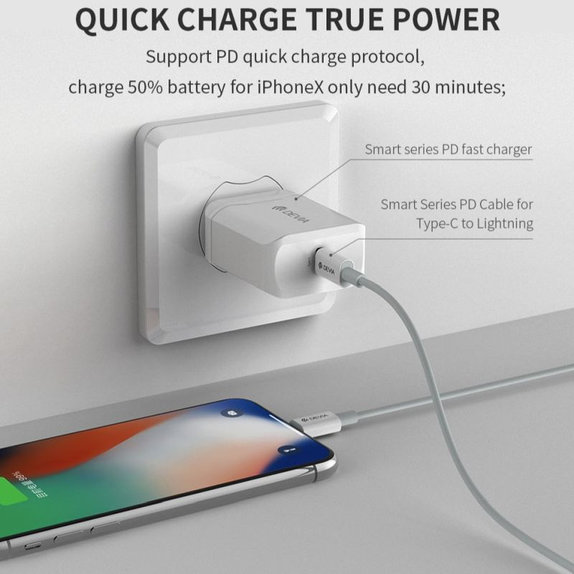Lightning / USB-C Cable Smart, PD 20W, 1m, White, Devia