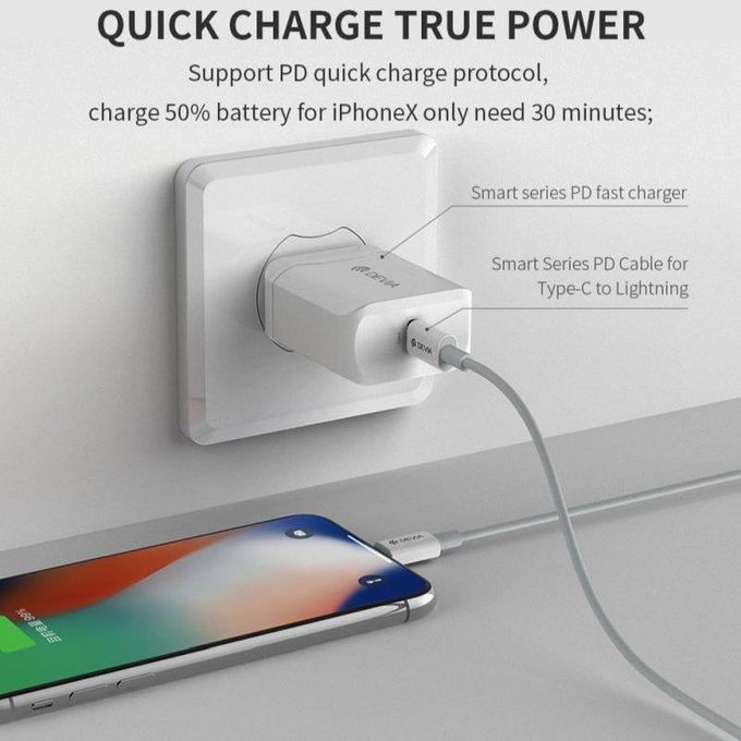 Lightning / USB-C Cable Smart, PD 20W, 1m, White, Devia