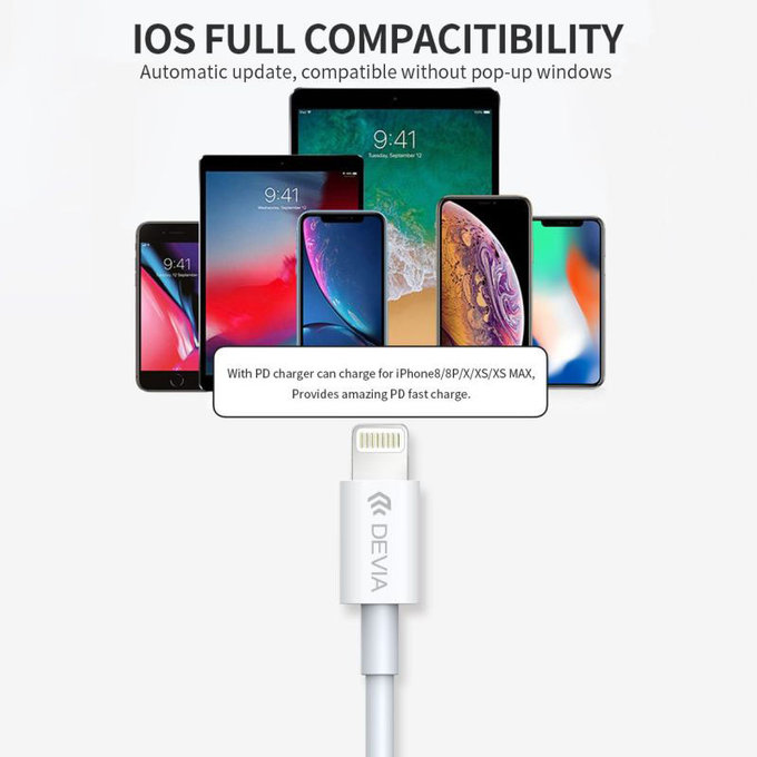 Lightning / USB-C Cable Smart, PD 20W, 1m, White, Devia