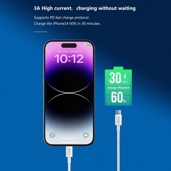 Lightning / USB-C Cable Smart, PD 27W, 2m, White, Devia