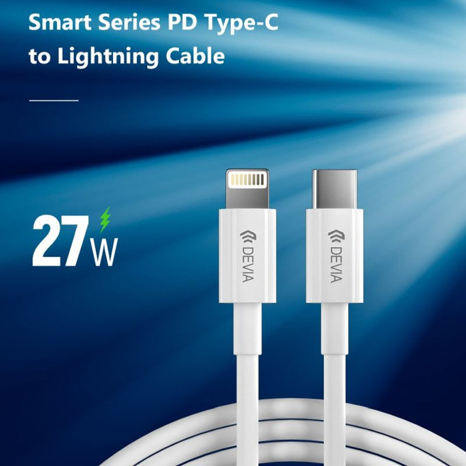 Lightning / USB-C Cable Smart, PD 27W, 2m, White, Devia
