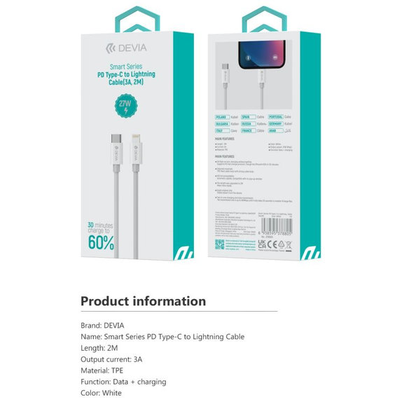 Lightning / USB-C Cable Smart, PD 27W, 2m, White, Devia