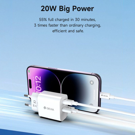 Charging Adapter Smart USB-C + USB-A, PD 20W, White, Devia