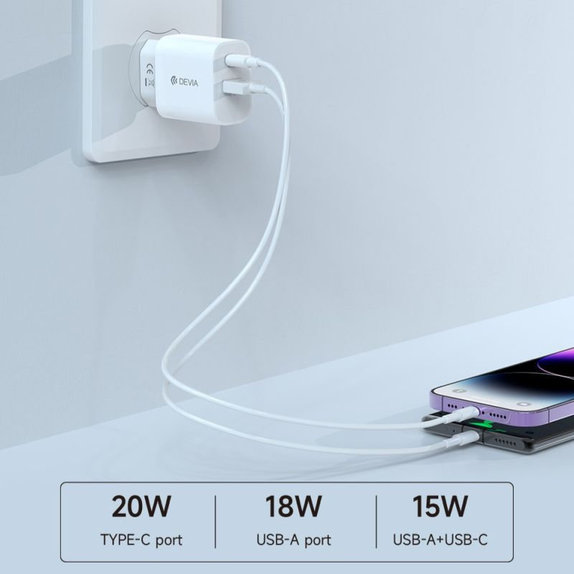 Charging Adapter Smart USB-C + USB-A, PD 20W, White, Devia