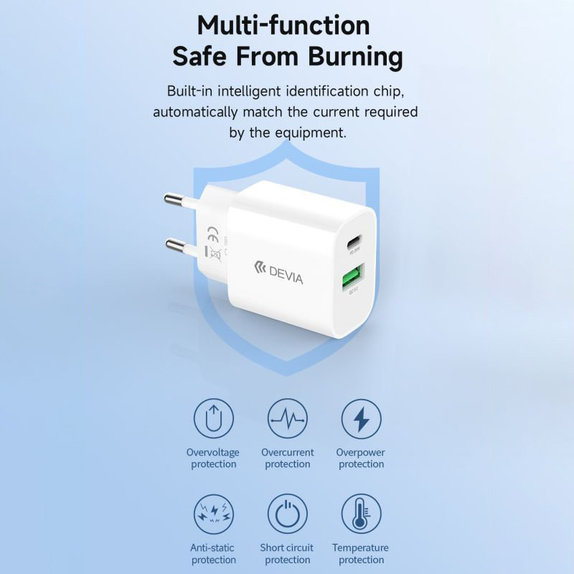 Charging Adapter Smart USB-C + USB-A, PD 20W, White, Devia