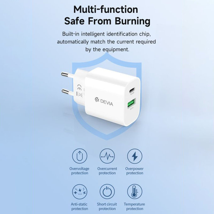 Charging Adapter Smart USB-C + USB-A, PD 20W, White, Devia