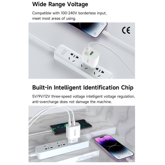 Charging Adapter Smart USB-C + USB-A, PD 20W, White, Devia