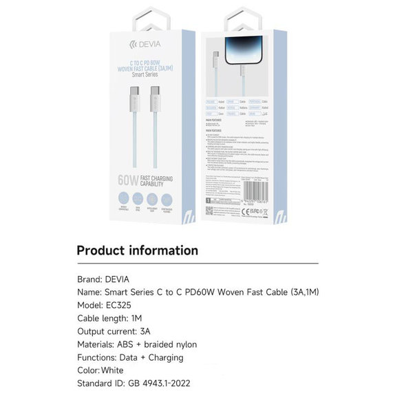 USB-C / USB-C Cable Smart, PD 60W, 1m, White, Devia