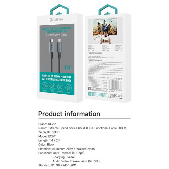 USB-C / USB-C Cable Extreme Speed, 240W, 8K 60Hz, 1m, Black, Devia