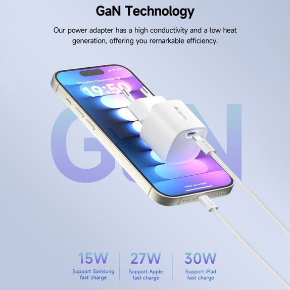 Charging Adapter Mini USB-C, PD 30W, White, Devia