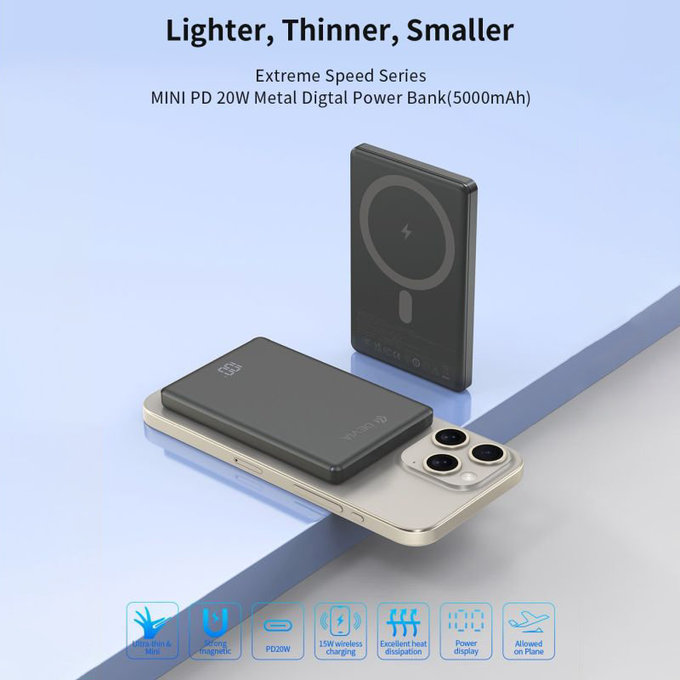 MagSafe Power Bank Extreme Speed Mini with Display, PD 20W, 5000mAh, Space Grey, Devia