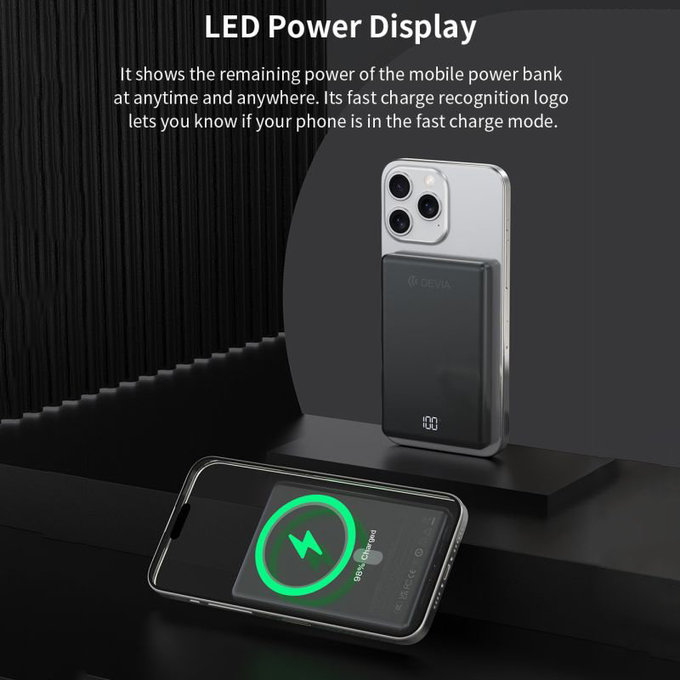 MagSafe Power Bank Extreme Speed Mini with Display, PD 20W, 5000mAh, Space Grey, Devia