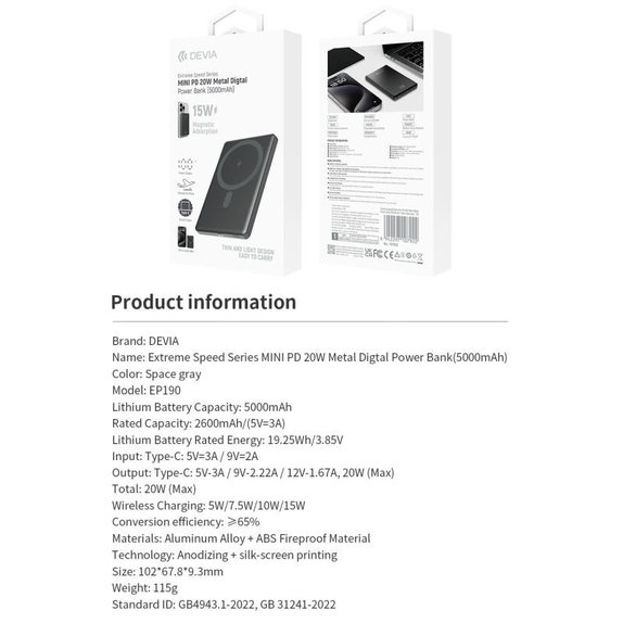 MagSafe Power Bank Extreme Speed Mini with Display, PD 20W, 5000mAh, Space Grey, Devia