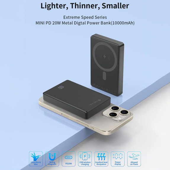 MagSafe Power Bank Extreme Speed Mini with Display, PD 20W, 10000mAh, Space Grey, Devia